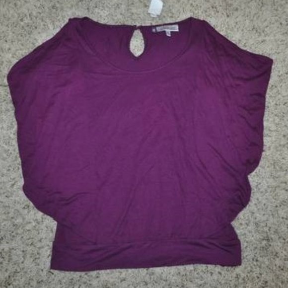 Womens Winged Sleeve Top Jennifer Lopez XS Purple Keyhole Neck Jersey Stretch - Picture 6 of 6
